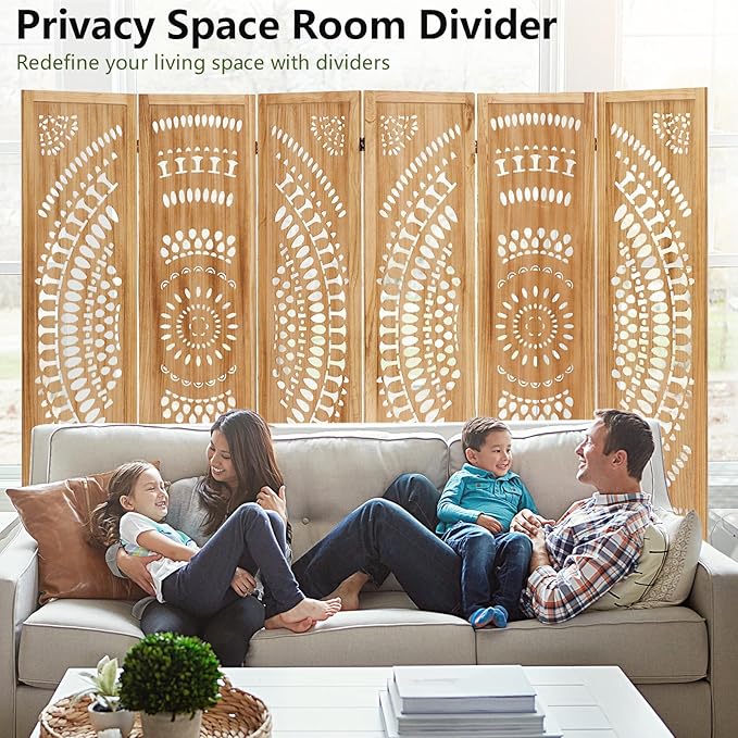 6 Panel Room Divider, 5.6 Ft Foldable Wood Room Divider Screen, Hand-Woven Folding Privacy Screens with Double Hinges, Wall Divider for Room Separation Bedroom Home Office - Carved Natural