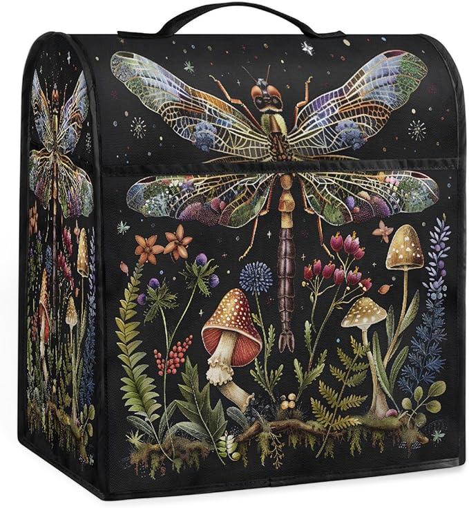 Kitchen Aid Mixer Cover Animal Dragonfly Flower Stand Mixer Cover Compatible with 6-8 Quarts Stand Mixers, Dust Covers with Zipper Pocket Foldable Washable Kitchen Aid Organizer Bag