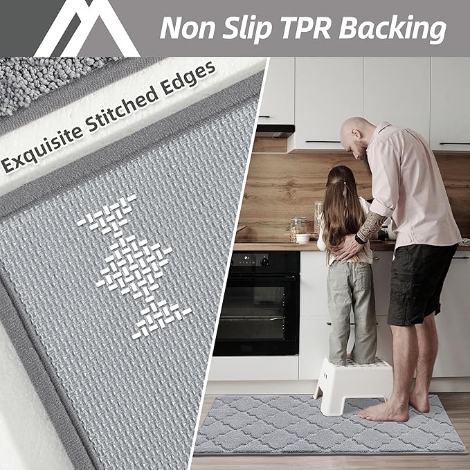 COSY HOMEER Soft Kitchen Floor Mats for in Front of Sink Super Absorbent Rugs and 20"x59" Non-Skid Mat Standing Washable,Polyester,Grey