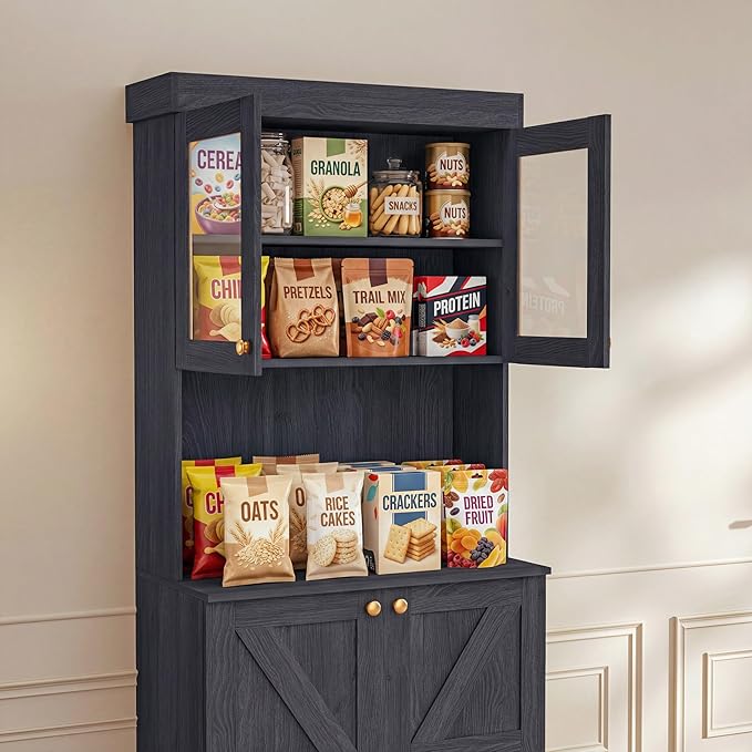 71" Farmhouse Kitchen Pantry Cabinet Set of 2, Black Freestanding Coffee Bar Hutch with Glass Doors, Drawers & Adjustable Shelves, Large Storage Cabinet with Microwave Stand for Kitchen & Living Room
