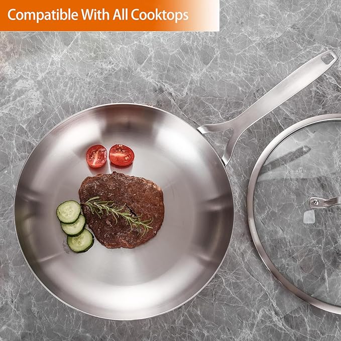 DELARLO Tri-ply Stainless Steel Frying Pan Set with Lid 10" 12" large Skillets Induction Chef's Pan,Pots and Pans Set Kitchen Cookware Set Dishwasher and Oven Safe