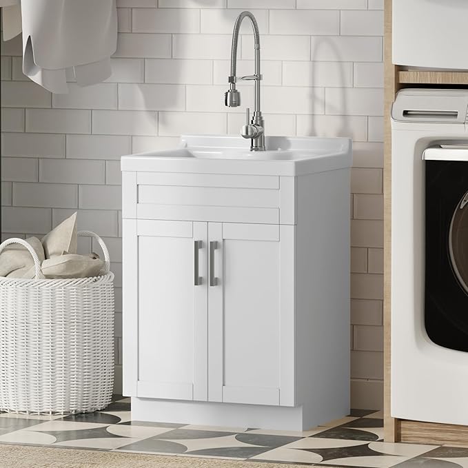 SIMPLIHOME Hennessy All-in-One 24 inch Wide Utility Sink and Laundry Cabinet in Pure White Finish, Transitional ABS Sink Cabinet for Laundry Rooms with High-Arch Chrome Faucet and Pull-Out Spray