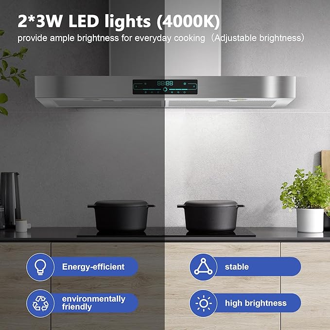KMA-E30 Wall Mount Range Hood with 4-Speed Fan,900CFM Powerful Suction,30 Inch Stainless Steel Ducted Kitchen Vent Hood Extractor with Led Lights,Smart Touch Panel and Remote Control
