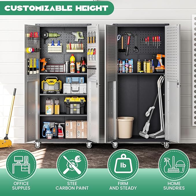 Garage Metal Storage Cabinet,71" Rolling Tool Cabinet with Pegboard and 3 Adjustable Shelves,Heavy-Duty Shelving Unit with Lockable Doors for Garage,Workshop,Home & Office Organization