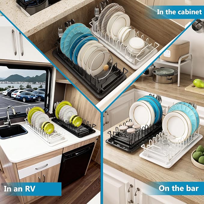 Sink Dish Drying Rack - Expandable Over Sink (15"-20" Fit), Diatomaceous Earth Tray for No-Drain Drying! Compact Dish Drainer for Small Kitchens, Apartments & RVs(Black)