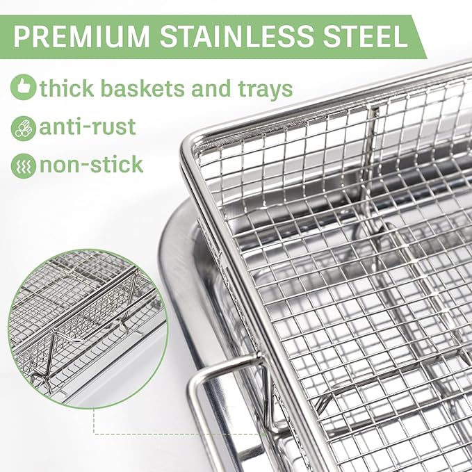 Extra Thick Air Fryer Basket and Tray for Large Oven,2PCS-Set,18.5''×12.9'',Thicker Basket and Crisper Tray Pan,Stainless Steel Air Fryer Accessories,with One Removable Handle