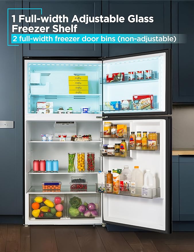 BLACK+DECKER 24 Cu. Ft. Top Mount Refrigerator with Ice Maker, 2-Door Refrigerator with Top Freezer, Freezer with Icemaker and Adjustable Temperature Control, ENERGY STAR, BR2400JIMB, Black