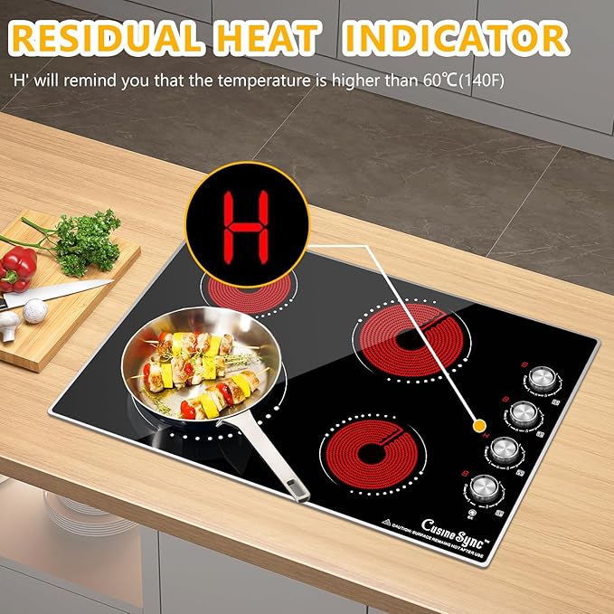 30 Inch Electric Cooktop, 4 Burner Electric Stove Top with 9 Power Levels, Knob Control, Auto shutdown and Residual Heat Warning, 7200W, 220-240V for Hard Wire