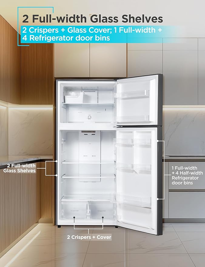 BLACK+DECKER 18.1 Cu. Ft. Top Mount Refrigerator with Ice Maker, 2-Door Refrigerator with Top Freezer, Freezer with Icemaker and Adjustable Temperature Control, ENERGY STAR, BR1810HIMB, Black