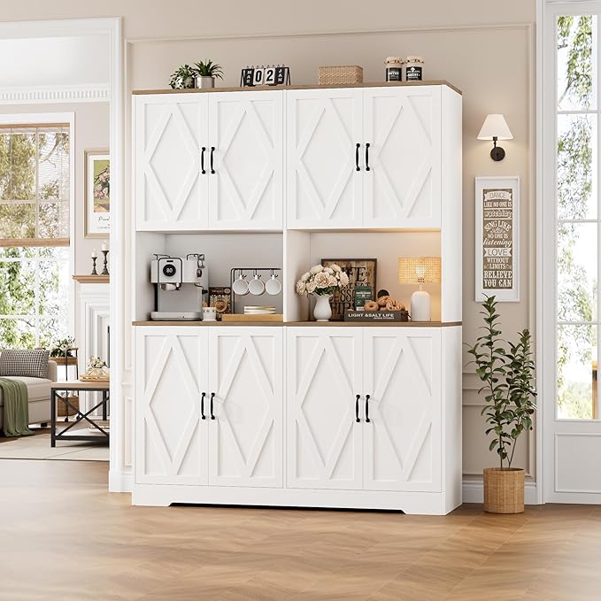 HOSTACK 71" Tall Pantry Cabinet, 55" Wide Kitchen Pantry Storage Cabinet, Large Kitchen Hutch with 2 Microwave Stands, Farmhouse Coffee Bar Station with Doors and Shelves for Dining Room, White