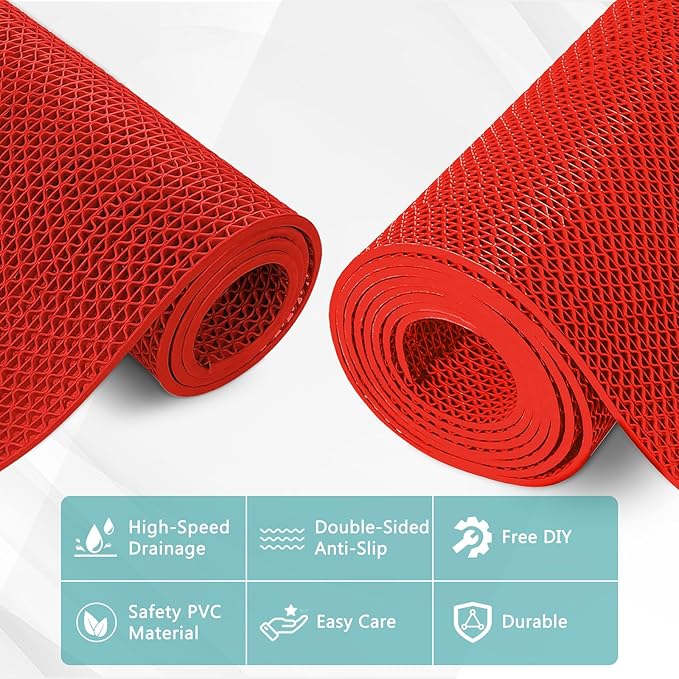 WochiTV Non Slip Drainage Mats PVC Pool Floor Mat 0.23'' Thick Outdoor Indoor Parking Space Mat for Bathroom Garage Basement Backyard Commercial Kitchen 3x16.6Ft Red