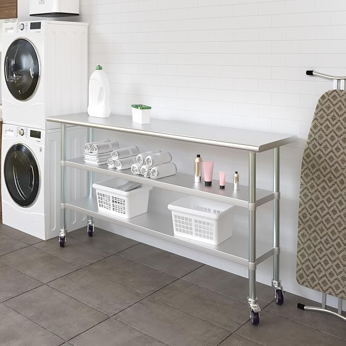 AmGood Stainless Steel Work Table with 2 Shelves and Casters | Metal Utility Table On Wheels (Stainless Steel Work Table with 2 Shelves + Casters, 72" Long x 18" Deep)