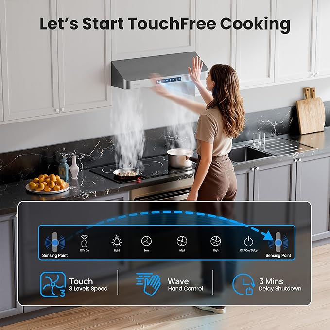 Range Hood 42 Inch Under Cabinet with 980 CFM, 3-Speed Gesture Sensing & Touch Control, Stainless Steel Kitchen Hood Vent for LED Lights, Time Setting, Baffle Filters with Handlebar