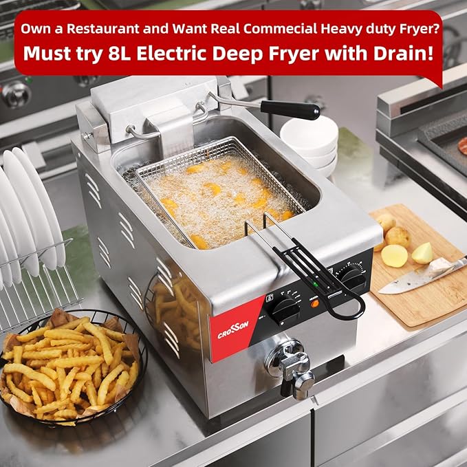 CROSSON 8L Countertop Electric Deep Fryer with Draining Valve,Solid Basket and Lid for Restaurant Use 120V,1800W Stainless Steel Commercial Deep Fryer
