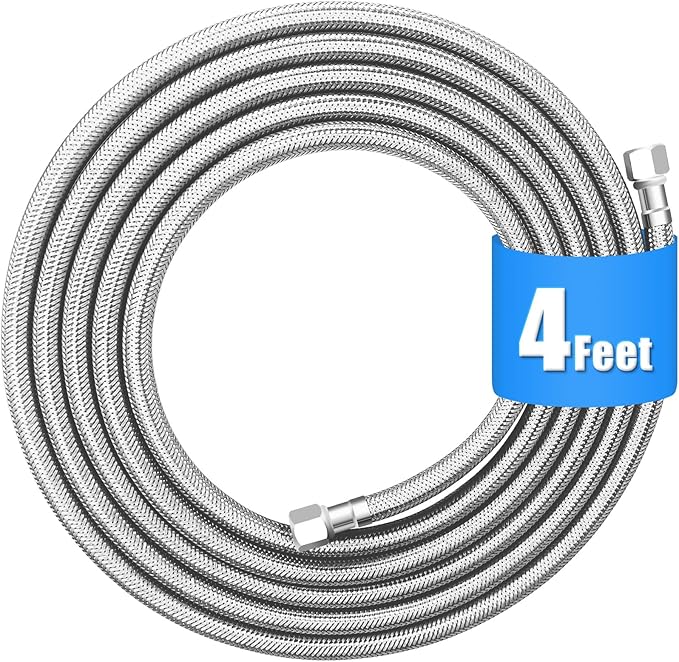 Refrigerator water line - 4 FT Premium Stainless Steel Braided Ice Maker Water Hose,Food grade PEX Inner Tube Fridge Water Line with 1/4" Fittings for Refrigerator Ice Maker