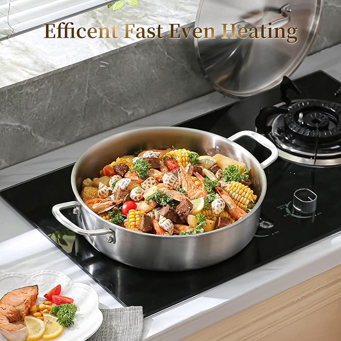 DELARLO Tri-Ply Stainless Steel 6 Quart Braiser Pan with Lid Induction Rondeau Pot With Lid 12inch Deep Frying Pan Large Saute Pan Heavy Duty Style Compatible With All Cooktops Up to 650℉