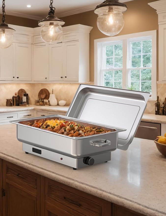 Electric Chafing Dish, 9 QT Rectangular Full-Size Buffet Stainless Steel Chafing Dish Set, Commercial Food Warmer with Temperature Control Display for Parties, Catering, Festivals