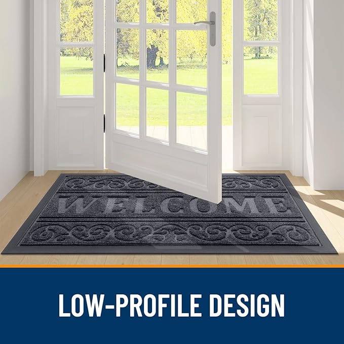 OLANLY Welcome Door Mat Indoor Outdoor Entrance, Heavy Duty Sturdy Front Door Mat, Waterproof All-Weather Doormat, Stain Resistant, Low Profile, Easy Clean Patio Entryway Mat, 36 x 24, Medium Grey
