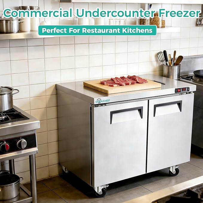 48" Commercial Double Door Worktop Refrigerator, 12.2 Cu.ft Stainless Steel Undercounter Prep Table Fridge, R290 Commercial Cooler with Casters