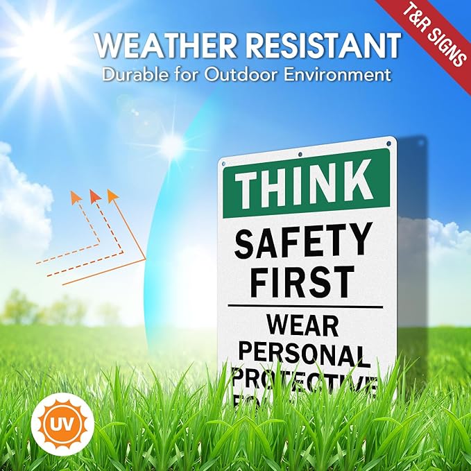 T&R Large Think Safety First Sign Wear Personal Protective Equipment - 14 x 10 Inches Rust Free .040 Aluminum Reflective - UV Protected, Waterproof and Fade Resistant - 6 Pre-drilled Holes