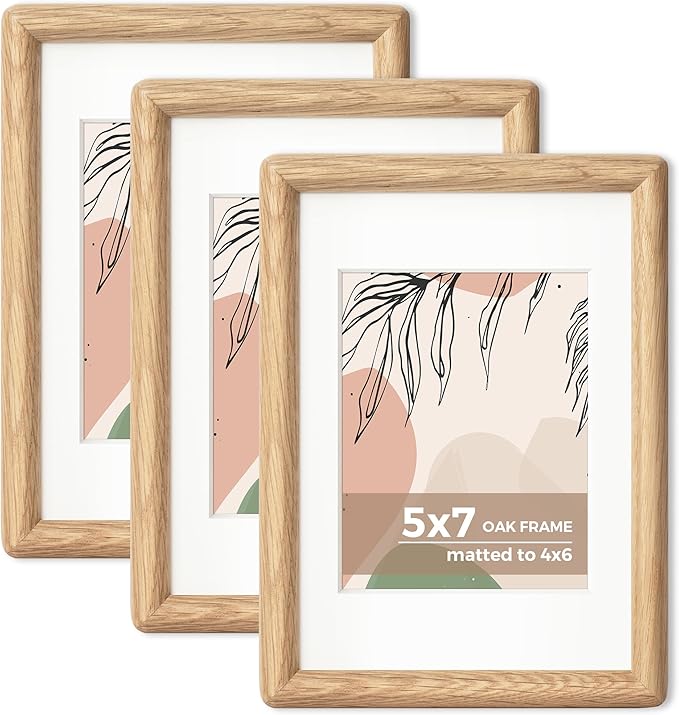 Axeman 5x7 Oak Frame Set of 3 - Rounded Corner 5 x 7 Picture Frame Matted to 4x6 - Natural Oak Wood Photo Frame with Tempered Glass for Tabletop or Wall Mount Display