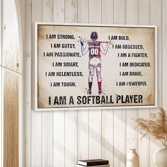 Custom I Am A Softball Player Gift For Her Softball Girl Room Personalized Name Number Poster & Framed Canvas, Wall Art Home Office Decoration Living Room Bedroom Aesthetic Decor