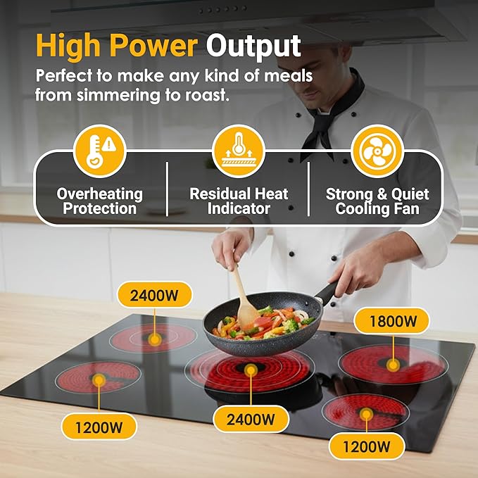 K&H 5 Burner Electric Cooktop - 30 Inch Built-In Radiant Ceramic Stove Top - 9 Power Levels & Touch Control, Compatible with All Cookware, 240V, 9000W High-Power Built-in Electric Stove, CE30-8808NF