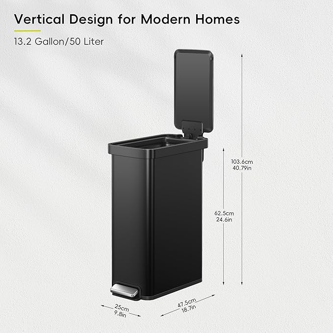 EKO Hudson Slim 50L / 13.2 Gallon Kitchen Trash Can with Lid, Stainless Steel Step Garbage Can for Kitchen or Home, Space-Saving Garbage Can with Soft Close Lid, Stay-Open, Liner Ring, Matte Black