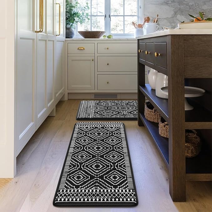 KIMODE Anti Fatigue Kitchen Mat,Black Boho Kitchen Rugs Non Slip Sets of 2,Kitchen mats for Floor Cushioned,Morocco Geometric Memory Foam Cushioned Standing Mats for Sink,Laundry,Office