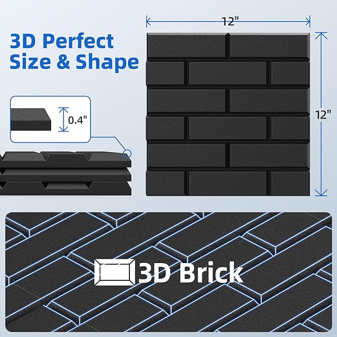 20 Pack Acoustic Panels with Self Adhesive, 12" X 12" X 0.4" High Density Sound Proof Foam Panels for Walls, Soundproof Wall Panels, Brick Sound Absorbing Panels for Home Studio Office Decor - Black