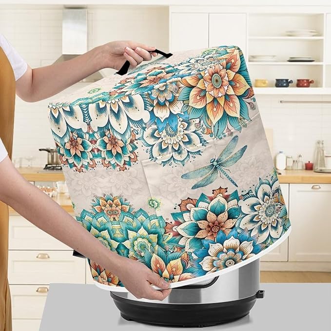 Xoenoiee Boho Mandala Floral Dragonfly Print Kitchen Appliance Dust Cover with Pockets, Electric Pressure Cooker Cover Compatible with Rice Cooker Cover Air Fryer Cover, for 8 Qt Pot