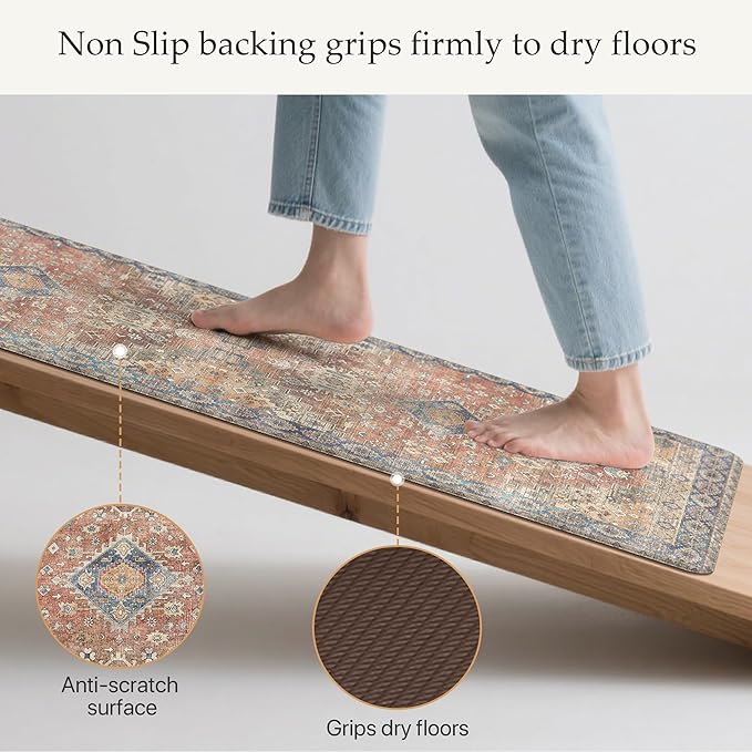GENIMO Kitchen Mats for Floor, 2PCS Kitchen Rugs Non Slip Washable, Waterproof Anti Fatigue Mat, Comfort Standing Runner Rug for Sink, Office, Laundry, Home, 17.3"x47"+17.3"x30", RetroBrick