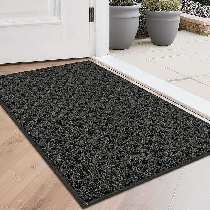 BEQHAUSE Dirt Trapper Door Mat Non-Slip Entryway Rugs Stain Resistant Absorbent Dog Doormats Woven-Look Washable Welcome Floor Doormat For Front Back Door, Muddy Wet Shoes & Paws, 20" x 32", Dark Grey