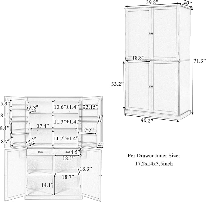 Merax 71.3" Tall Kitchen Storage Cabinet Pantry Wood Freestanding Large Cupboard with 2 Drawers,2 Adjustable Shelves,8 Door-Shelf for Dining Room,Grey