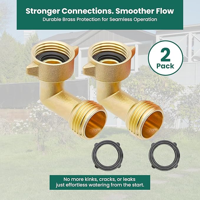 90-Degree Brass Garden Hose Elbow Connector (2-Pack) – 3/4" Heavy-Duty Hose Adapter with Extra Washers, Solid Brass Angled Fitting for RVs, Outdoor Faucets, Spigots & Lawn Irrigation