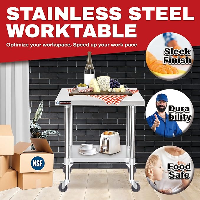 DuraSteel 24x30 NSF Stainless Steel Cart Work Table - Heavy Duty Rolling Food Prep Table Countertop Island - Metal Utility Cart on Wheels Caster, Grill Stand Storage Outdoor Kitchen Tables Bar Top
