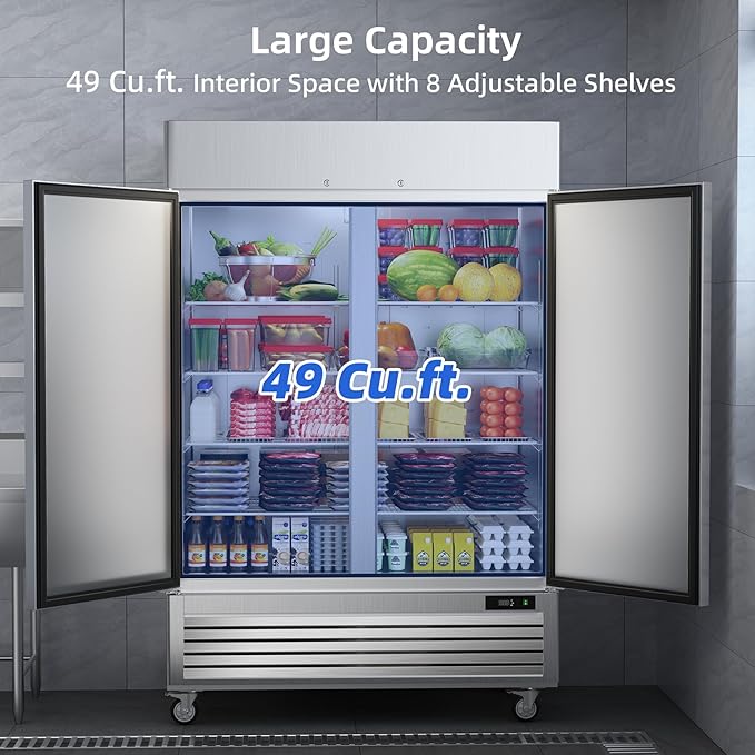 Coolski 54’’ Wide Commercial Refrigerator with 8 Shelves, Stainless Steel Reach-in Refrigerators with 49 Cu.Ft. Capacity 2 Solid Doors for Restaurant Cafe Garage, ETL NSF Approved