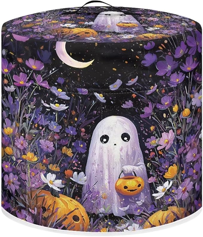 Purple Floral Halloween Ghost Dust Cover for Kitchen Accessories 3 Quart Pressure Cooker Air Fryer Rice Cooker Dust Cover with Top Handle and Storage Pocket
