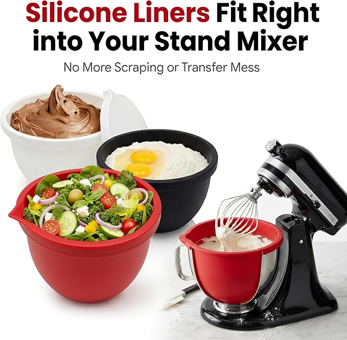 Silicone Liners for Kitchenaid Tilt-Head 5 Qt Mixers, 3-Pack Silicone Bowl Inserts with Lids, Thicker Non-Stick Odorless, Dishwasher Safe, Easy Cleanup for Baking
