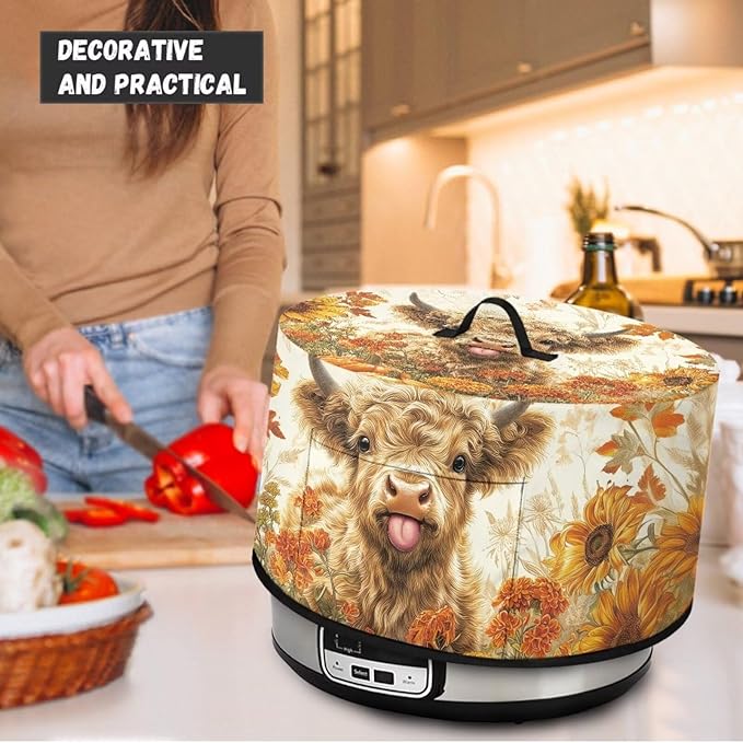 Oval Slow Cooker Dust Cover Protective with 6-8 Quart Slow Cooker Recyclable Practical Crock Pot Cover Fall Decor Keep Kitchen Appliances Clean, Highland Cattle Sunflower Maple Leaf Print
