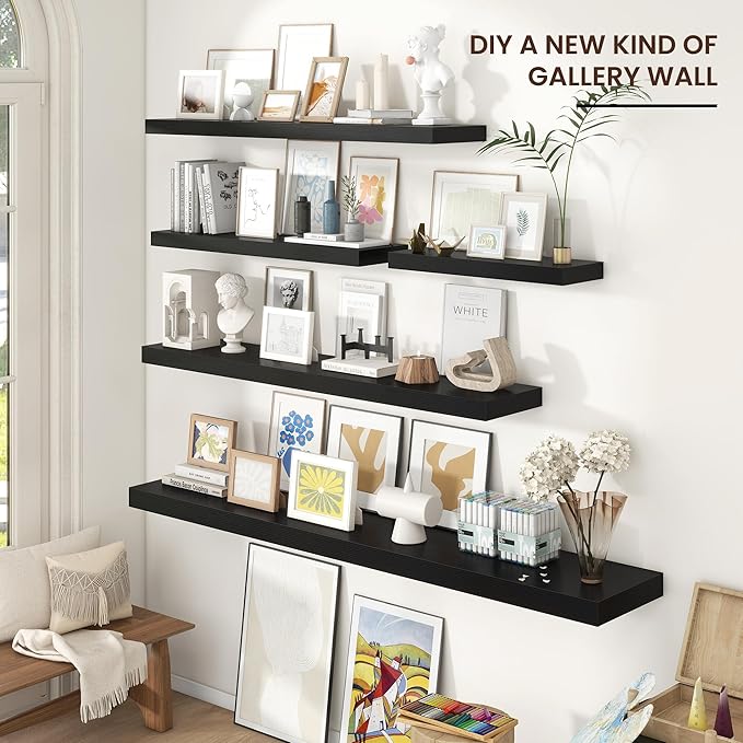 Floating Shelves for Wall 48"W x 9"D x 1.5"H, Long Engineered Wood Wall Shelves with Invisible Brackets for Living Room Bedroom Bathroom Office Kitchen Decor and Storage, Black Finish, Set of 2