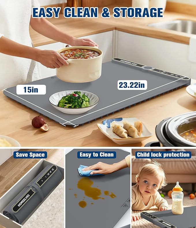 Food Warming Mat, Rapid Heating Electric Warming Tray with 9 Temp Setting and 6 Hours Timer, Foldable Warming Mat for Food, Portable Food Warmers for Parties Buffet, Gray