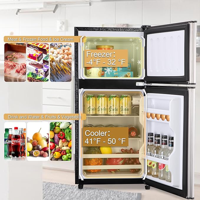 Mini Fridge with Freezer 3.2 Cu. Ft. Small Refrigerator with Freezer, 2 Door Dorm Fridge with Adjustable Thermostat & Shelves, Small Fridge for Apartment, College Dorm, Office, RV, Home, Silver