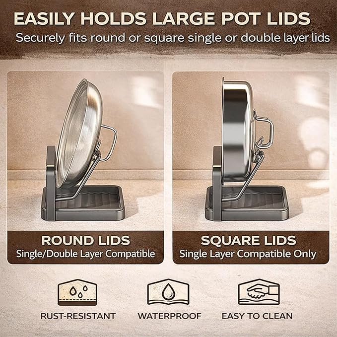 Kitchen Pot Lid Storage Rack, Heat-Resistant Pot Lid Holder While Cooking with Tray, Multifunctional Pot Lid Holder Organizer Rack, Lid and Spoon Rest for Countertop, Stove Top (Single-layer Gray)