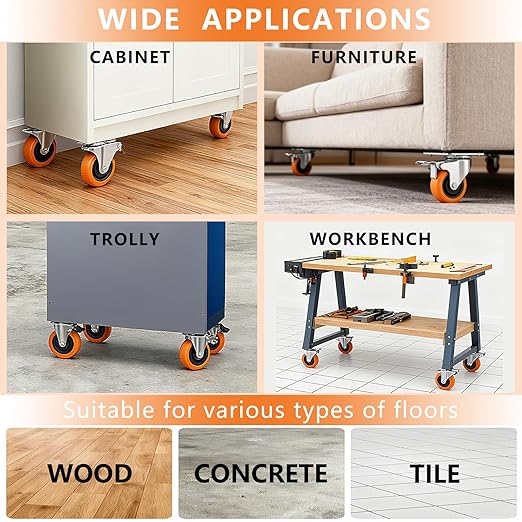 Caster Wheels, 4" Casters Set of 4 Heavy Duty - Dual Pedal Locking Casters with ON/Off Tabs (Easier to Operate), Swivel Plate Caster, No Marks Castor Wheels for Carts Furniture and Workbench