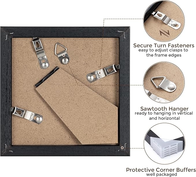 Fun Memories 4x4 Picture Frame, Solid White Oak Wood Frame 4 by 4, 4 x 4 Square Photo Frame with Tempered Real Glass, Rustic Wooden Frame 4"x4" for Wall & Tabletop Display, Black Color, Set of 2