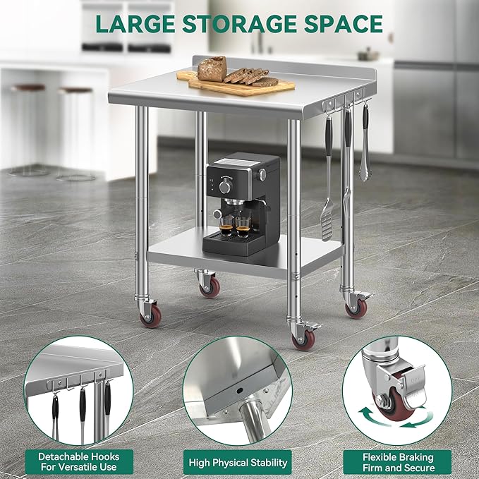 YITAHOME 30" x 24" Stainless Steel Table with Wheels for Prep & Work with Backsplash, NSF Metal Table Prep Table with Undershelf for Home Kitchen Restaurant Garage Warehouse