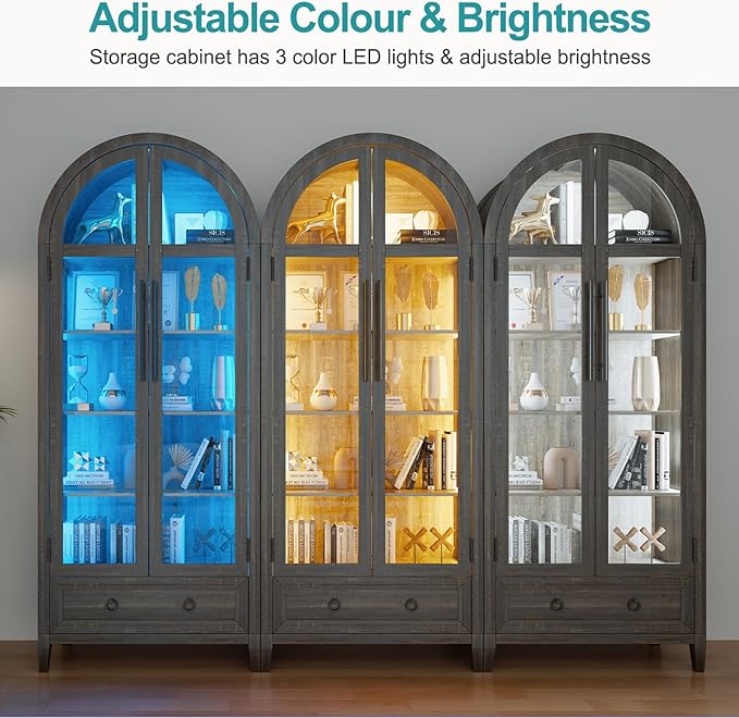 Lvifur 73" Tall Arched Display Cabinet with Glass Doors,4-Tier Storage Cabinet with Human Body Sensor,LED Curio Cabinets with 3 Color Lights for Collectibles,Ajustable Shelf for Toys, Books,Brown