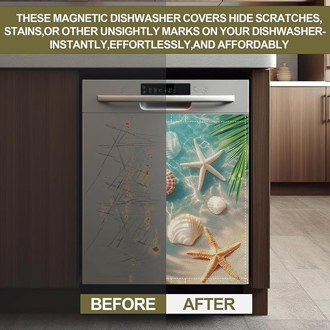 Starfish Shells Dishwasher Magnets Decorative Cover,Sea Beach Magnet Fridge Panel Decal for Home Kitchen Decor,23x26 in