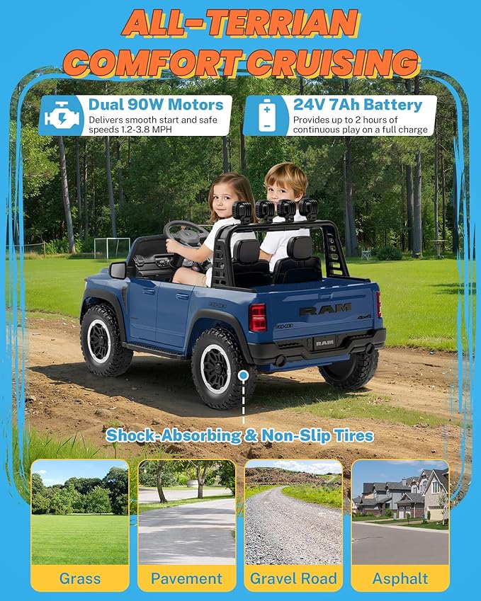 ENYOPRO 24 Volt Ride on Toys for Boys, Licensed RAM 1500 RHO 2 Seater Electric Car w/Remote Control, Kids Electric Vehicles w/Working Truck Tailgate, Spring Suspension, Bluetooth, LED Lights (Blue)